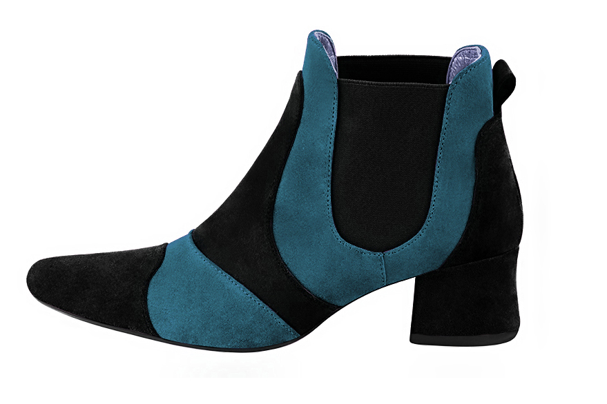Matt black and peacock blue women's ankle boots, with elastics. Round toe. Low flare heels. Profile view - Florence KOOIJMAN
